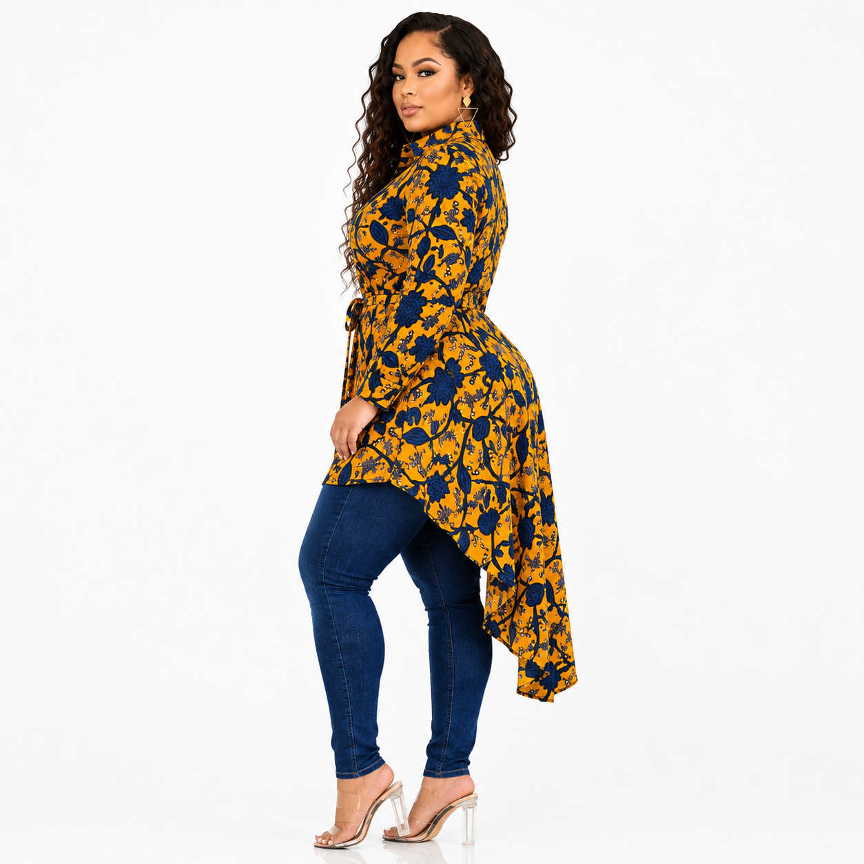 Duma Mbili Kente African Print High Low Button up Shirt