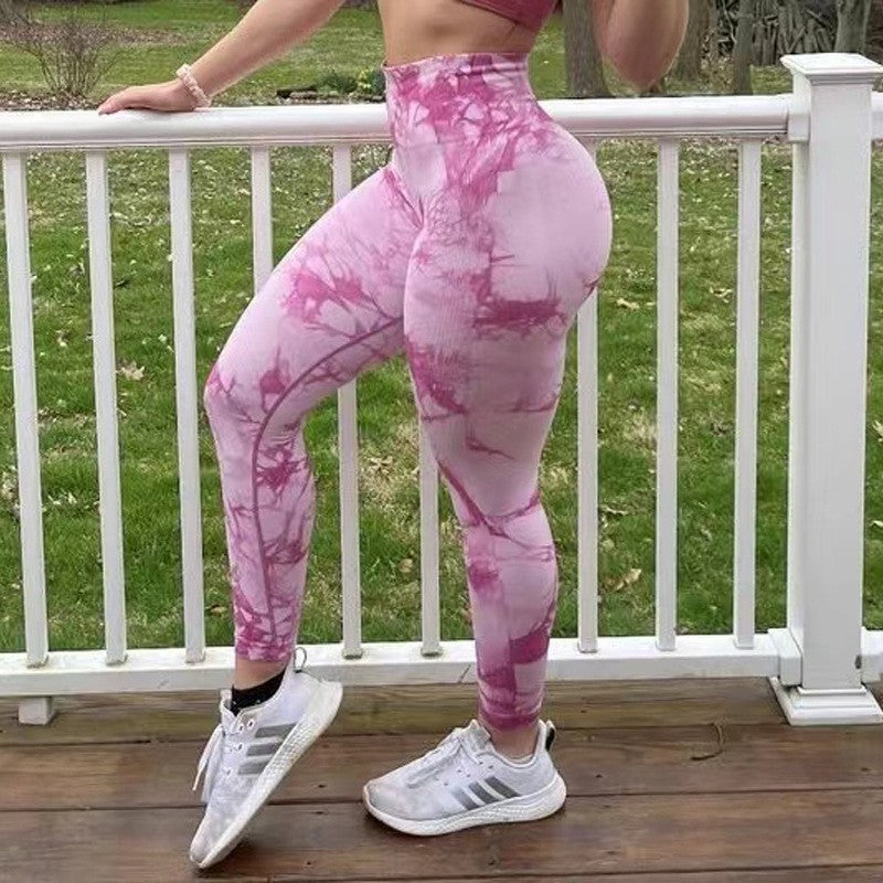 High Waist Tie-Dye Seamless Peach Yoga Tights by Cosmic Kollections
