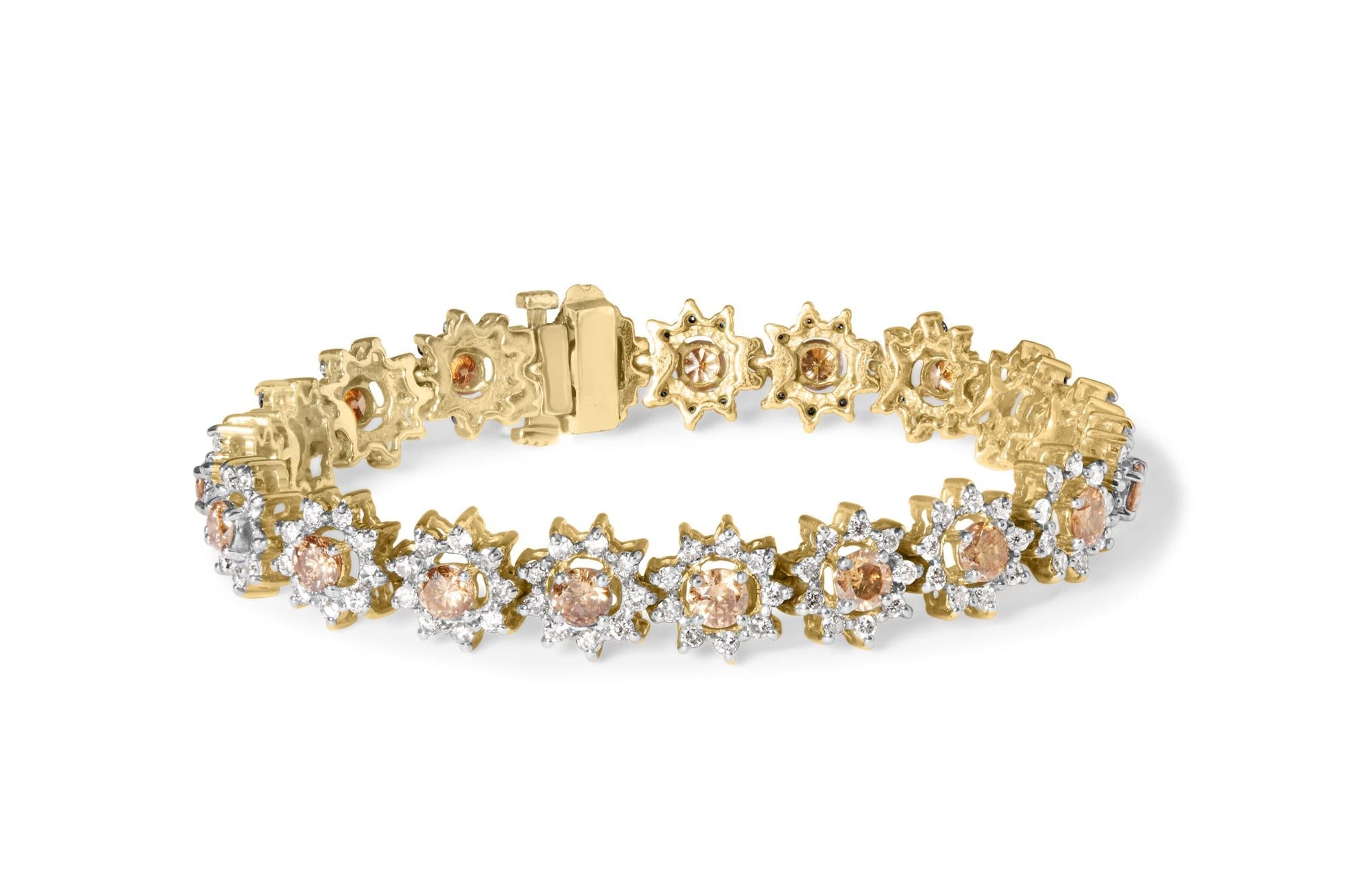 14K Yellow Gold 8.00 Cttw Champagne Diamond Floral Cluster Halo Link Bracelet (H-I Color, I1-I2 Clarity) by Infinite Jewels