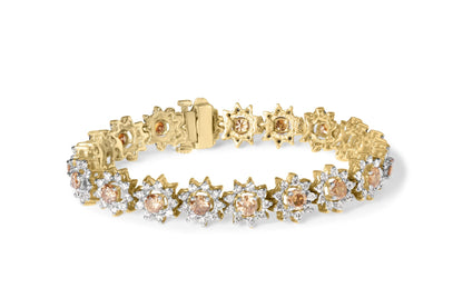 14K Yellow Gold 8.00 Cttw Champagne Diamond Floral Cluster Halo Link Bracelet (H-I Color, I1-I2 Clarity) by Infinite Jewels