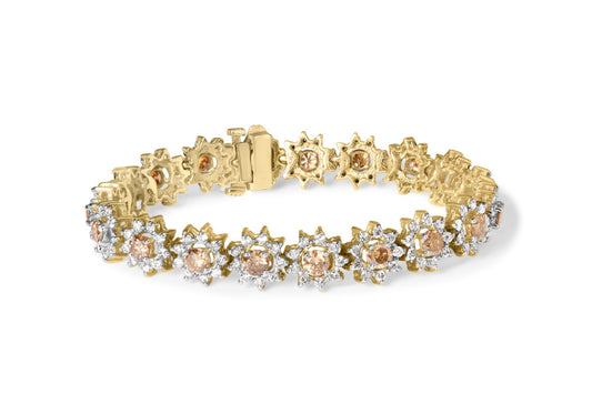 14K Yellow Gold 8.00 Cttw Champagne Diamond Floral Cluster Halo Link Bracelet (H-I Color, I1-I2 Clarity) by Infinite Jewels