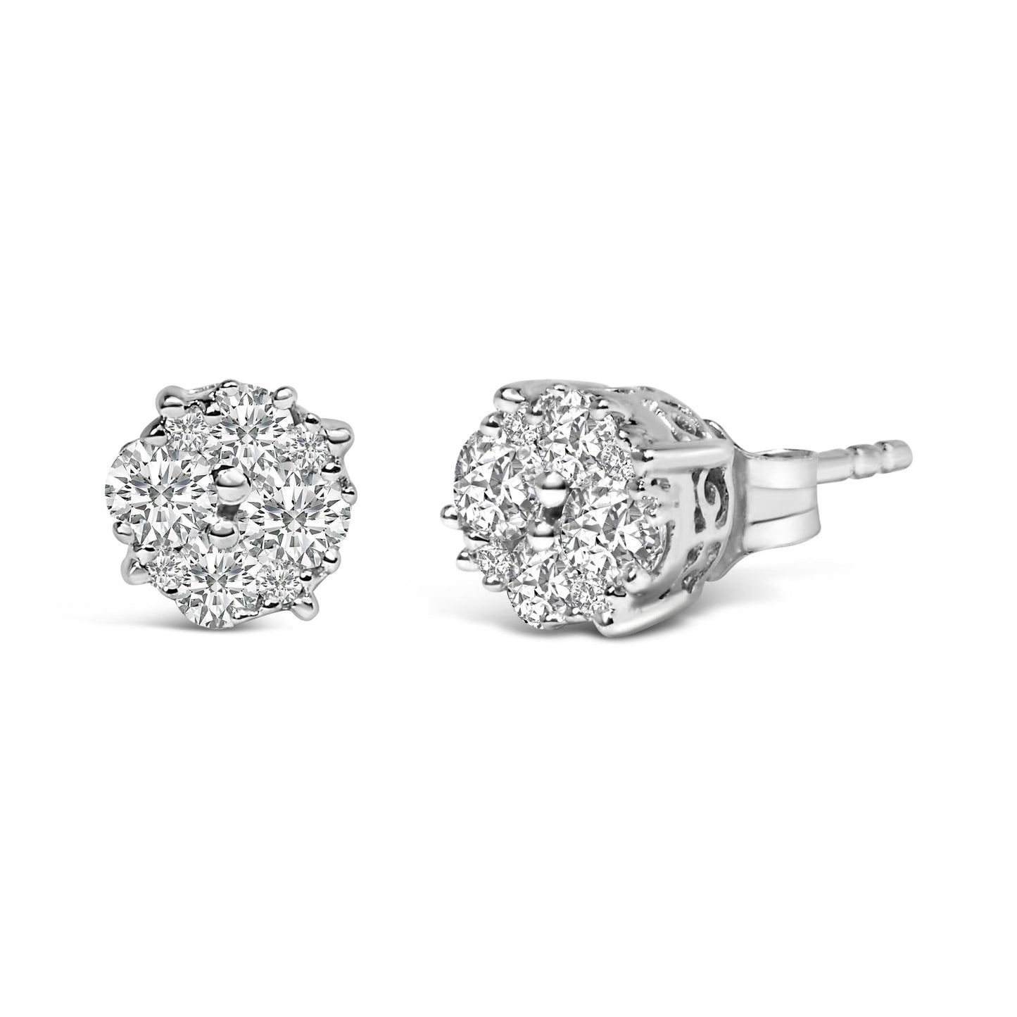 .925 Sterling Silver 1/2 cttw Prong Set Round-Cut Diamond Cluster Stud Earring (I-J Color, I2-I3 Clarity) by Infinite Jewels