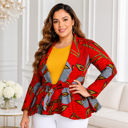 Duma Mbili African Print  Long Sleeved Peplum Red Blouse