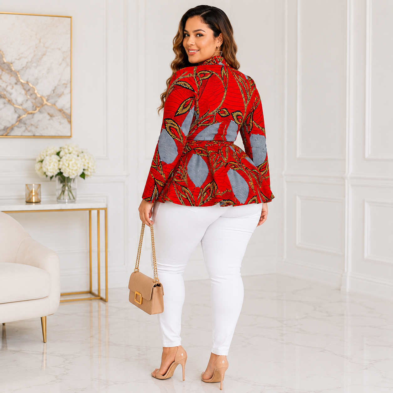Duma Mbili African Print  Long Sleeved Peplum Red Blouse