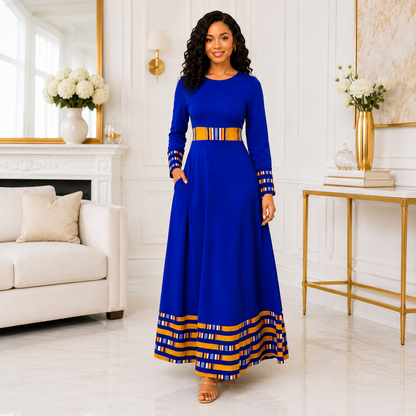 Duma Mbili Royal Blue Dashiki Trim Formal Long Sleeved Maxi Dress