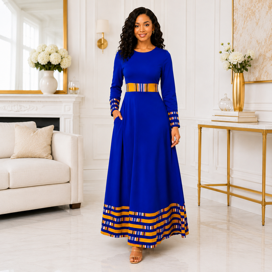 Duma Mbili Royal Blue Dashiki Trim Formal Long Sleeved Maxi Dress
