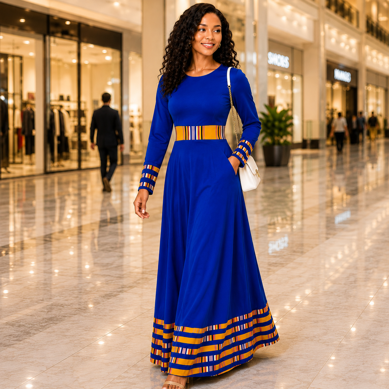 Duma Mbili Royal Blue Dashiki Trim Formal Long Sleeved Maxi Dress