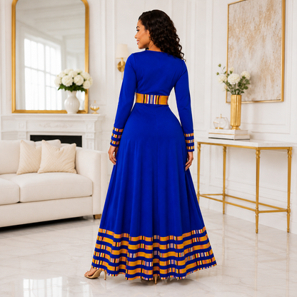 Duma Mbili Royal Blue Dashiki Trim Formal Long Sleeved Maxi Dress
