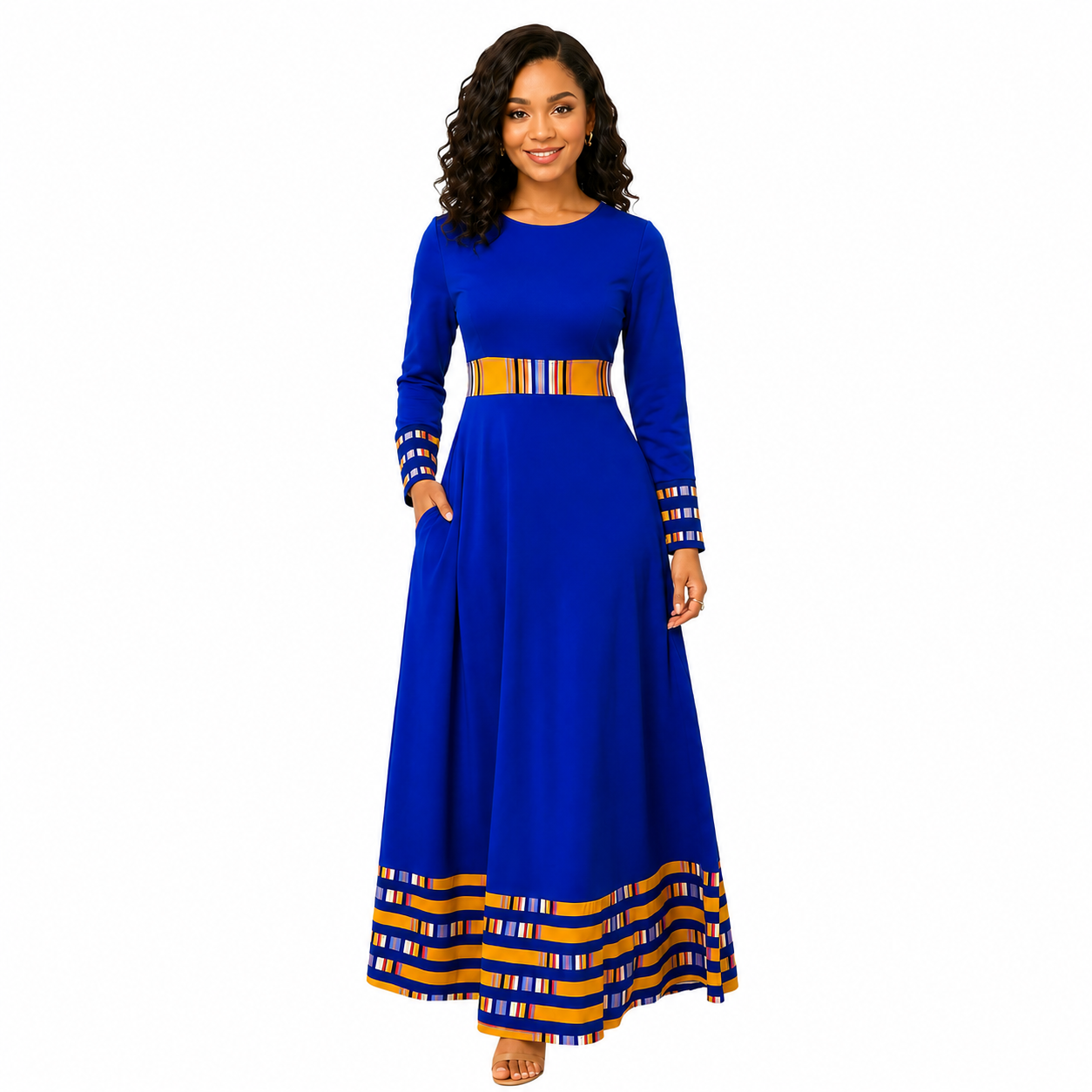 Duma Mbili Royal Blue Dashiki Trim Formal Long Sleeved Maxi Dress