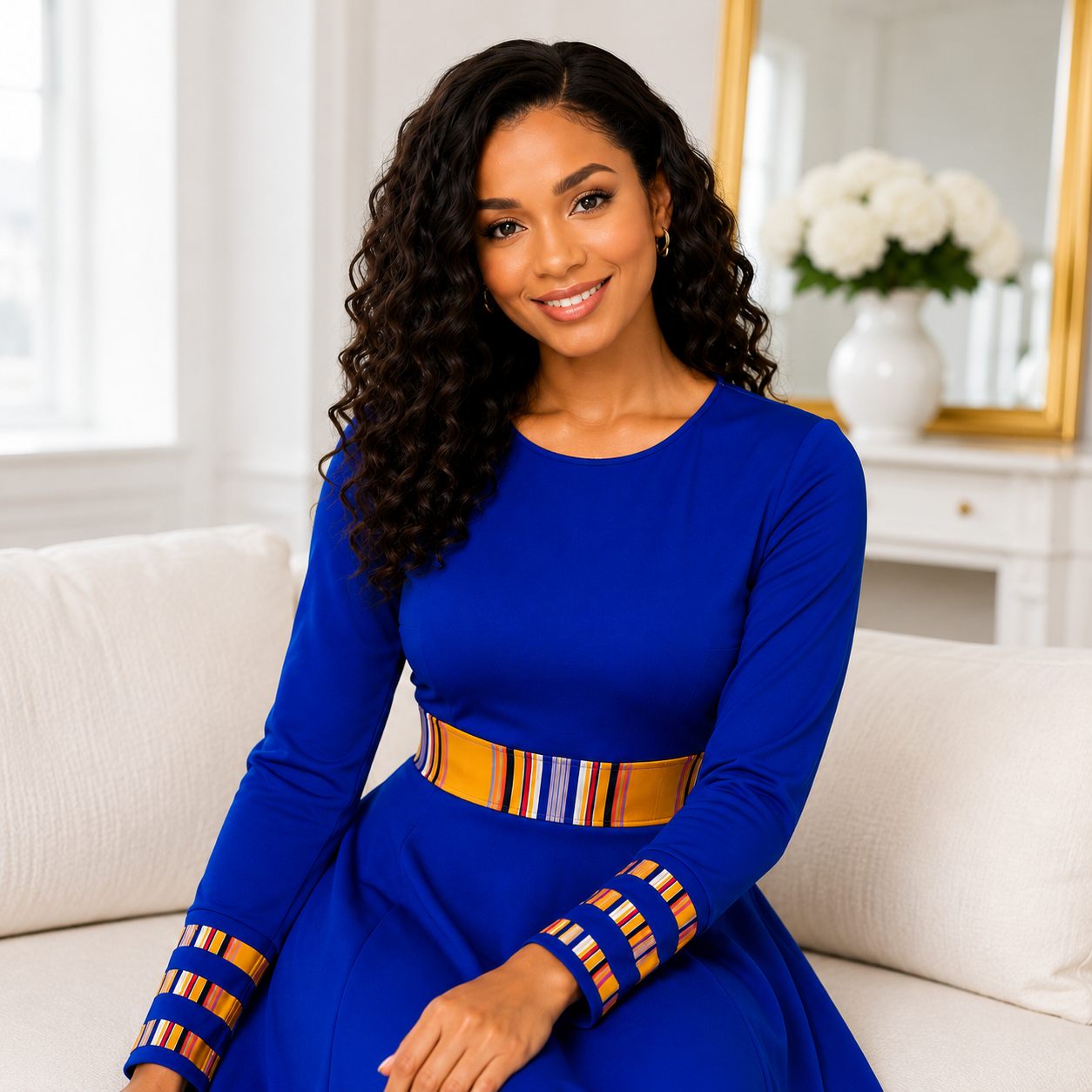 Duma Mbili Royal Blue Dashiki Trim Formal Long Sleeved Maxi Dress