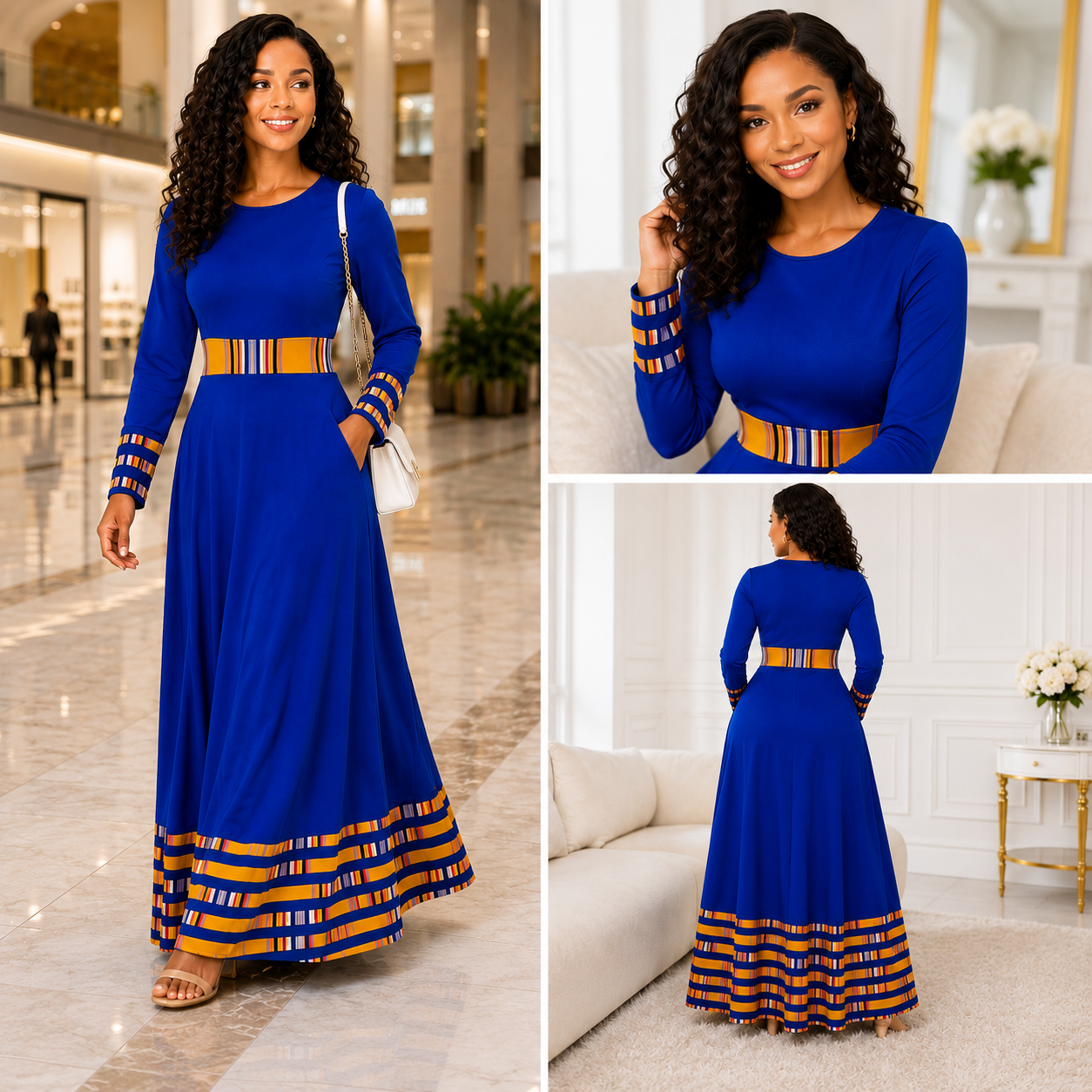 Duma Mbili Royal Blue Dashiki Trim Formal Long Sleeved Maxi Dress