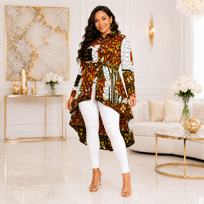 Duma Mbili Kente African Print High Low Button up Shirt