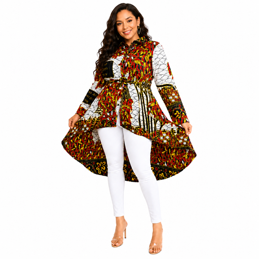 Duma Mbili Kente African Print High Low Button up Shirt