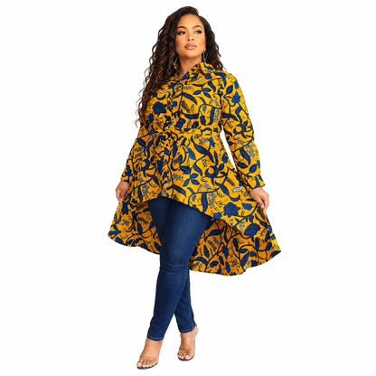 Duma Mbili Kente African Print High Low Button up Shirt