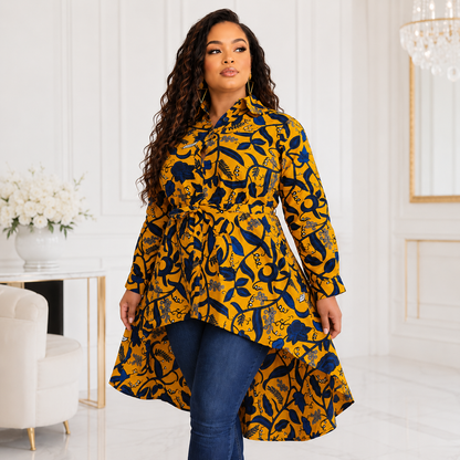 Duma Mbili Kente African Print High Low Button up Shirt