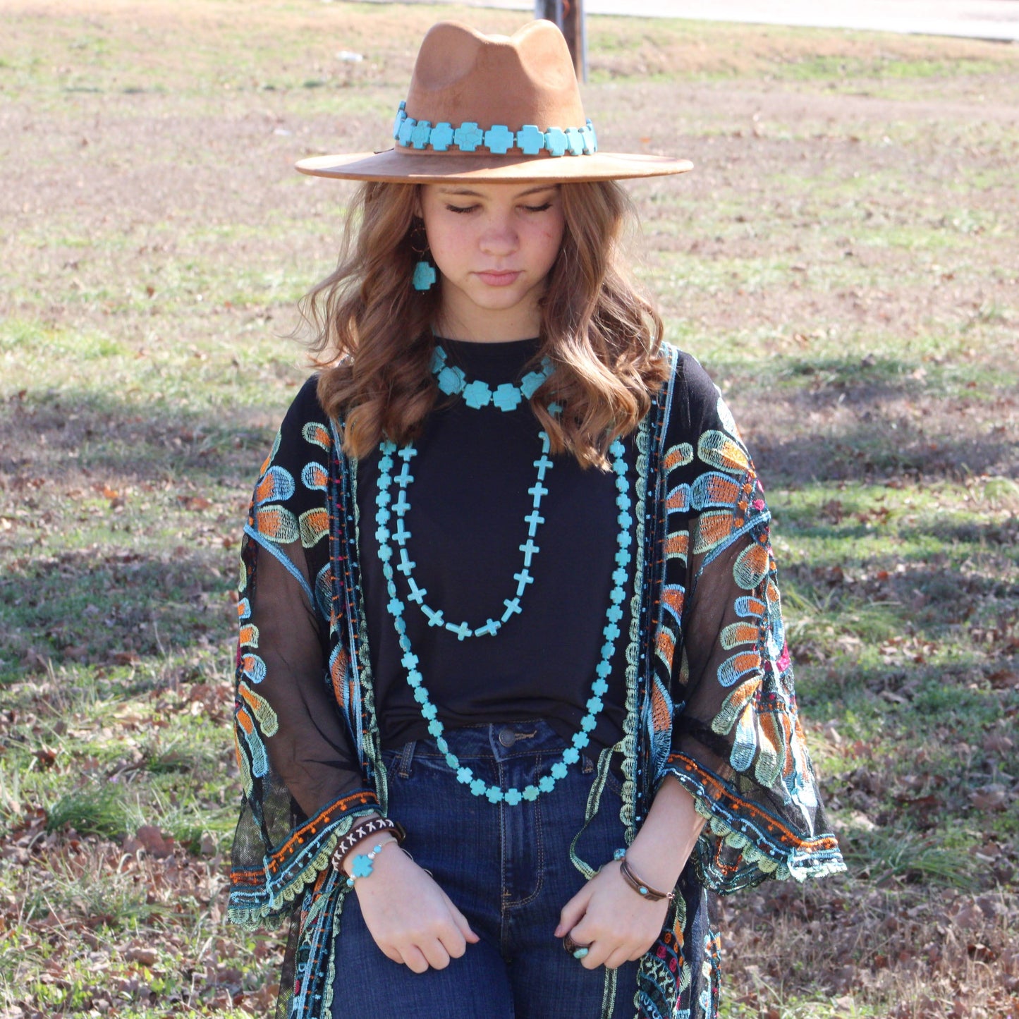 **Long Turquoise Beaded Cross Necklace 258L by The Jewelry Junkie