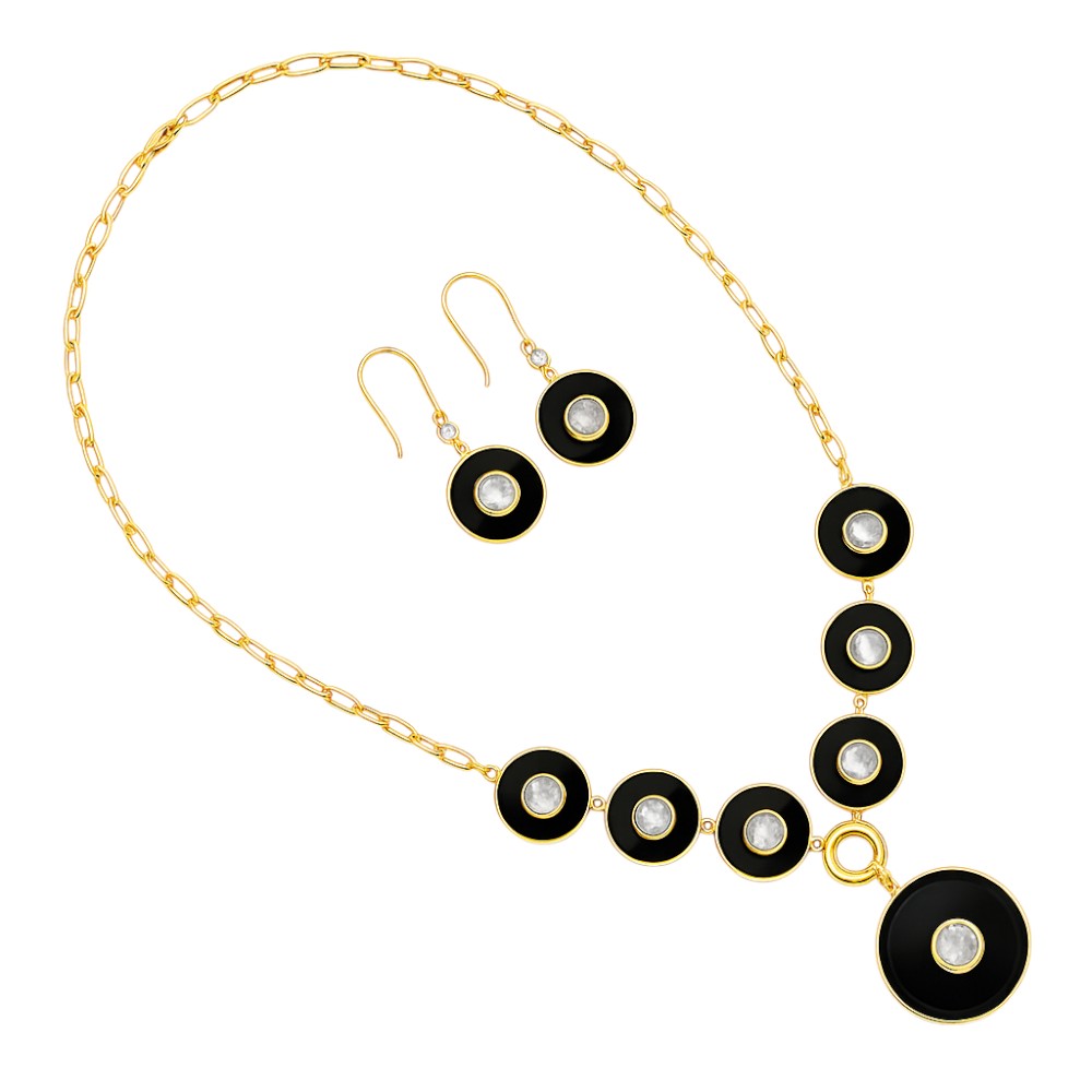 18K Gold Plated Black Onyx and Rainbow Moonstone Necklace Earrings Set TT01011 by DESIRE GEM