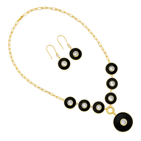 18K Gold Plated Black Onyx and Rainbow Moonstone Necklace Earrings Set TT01011 by DESIRE GEM