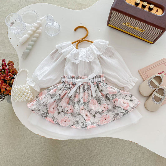 MyKids-USA® Baby Kids Girls Plain Long Sleeves Base Shirt And Floral Skirt Clothing Set