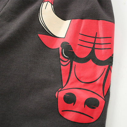 MyKids-USA® High Quality Boys’ Grey Soft Cotton Fierce Bull Pattern Shorts